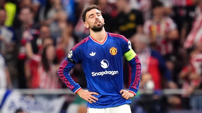 Bruno Fernandes looks upset after Man Utd's loss at Atletico Madrid