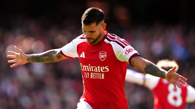 Arsenal's Bruno Guimaraes celebrates scoring their second goal 