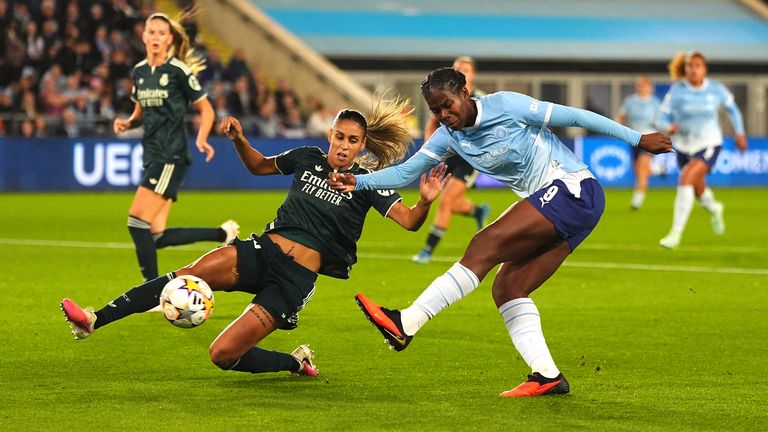 Bunny Shaw takes a shot during Man City's Women's Champions League match with Real Madrid