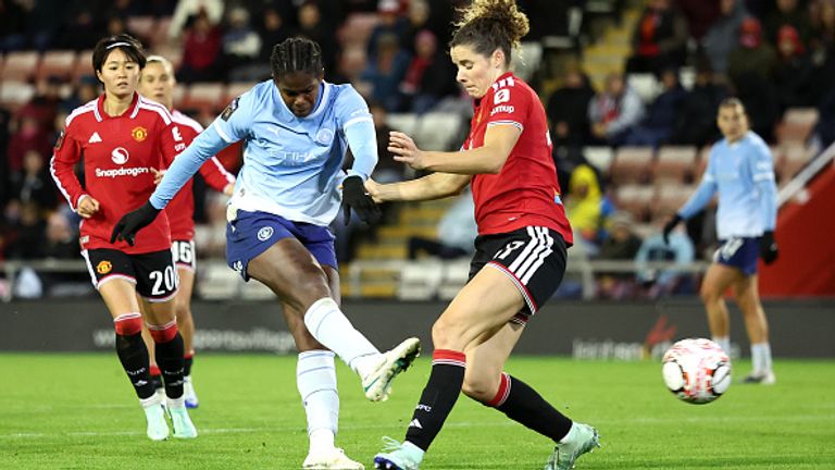 MANCHESTER, ENGLAND - OCTOBER 25: Khadija Shaw of Manchester City scores her team?s first goal during the Barclays Women's Super League 2026/27 match between Manchester United and Manchester City at Old Trafford on October 25, 2026 in Manchester, England. (Photo by Molly Darlington - WSL/WSL Football via Getty Images)
