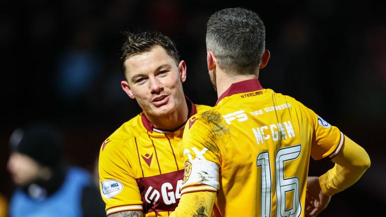 MOTHERWELL, SCOTLAND - DECEMBER 30: Motherwell's Callum Hendry (L) and Paul McGinn celebrate at full time during a William Hill Premiership match between Motherwell and Celtic at Fir Park, on December 30, 2025, in Motherwell, Scotland. (Photo by Ross Parker / SNS Group)