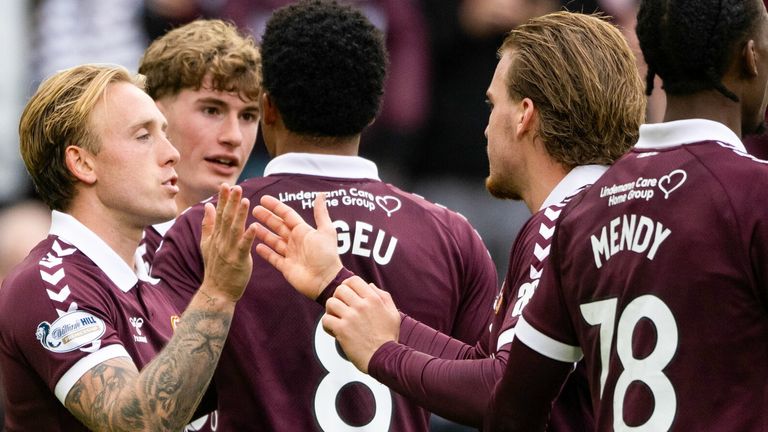 Hearts' Calvin Miller (L) scored twice from the penalty spot