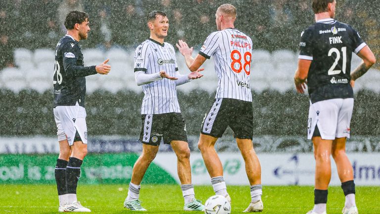PAISLEY, SCOTLAND - OCTOBER 24: St Mirren's Calvin Ramsay celebrates as he scores to make it 1-0 during a William Hill Premiership match between St Mirren and Dundee at the Marbill Coaches Stadium, on October 24, 2026, in Paisley, Scotland. (Photo by Craig Williamson / SNS Group)
