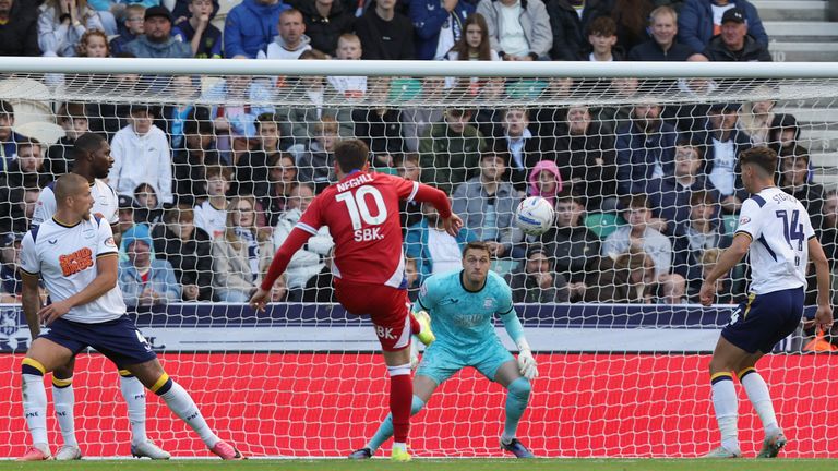 PRESTON, ENGLAND - OCTOBER 10: Millwall's Camiel Neghli sees his early effort saved by Preston North End's Daniel Iversen during the Sky Bet Championship 2026/27 match between Preston North End and Millwall at Deepdale on October 10, 2026 in Preston, United Kingdom. (Photo by Rich Linley - CameraSport via Getty Images)                                                                                                                 