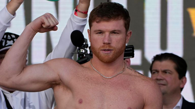 Canelo Alvarez stands on the scale during a ceremonial weigh-in Friday, Sept. 16, 2022, in Las Vegas. Alvarez is scheduled to fight Gennady Golovkin in a super middleweight title bout Saturday in Las Vegas. (AP Photo/John Locher)