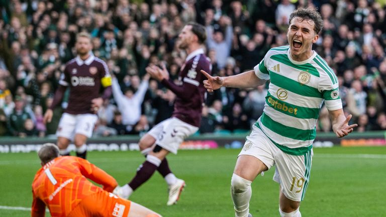 GLASGOW, SCOTLAND - OCTOBER 18: Celtic's Callum Osmand celebrates after scoring to make it 3-0 during a William Hill Premiership match between Celtic and Heart of Midlothian at Celtic Park, on October 18, 2026, in Glasgow, Scotland. (Photo by Paul Devlin / SNS Group)