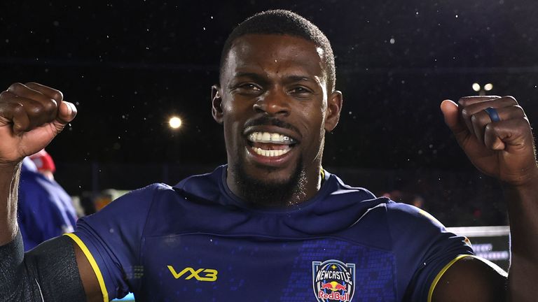 Newcastle Red Bulls' Christian Wade celebrates equalling Chris Ashton's top-flight try-scoring record