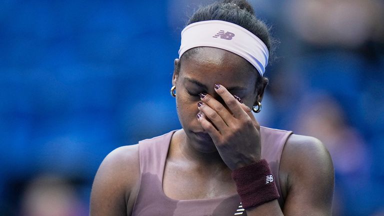 Coco Gauff of the United States reacts during play against Elise Mertens of Belgium during the fourth round of the women's singles match at 