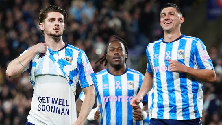 Coventry City's Jack Rudoni celebrates scoring against Newcastle