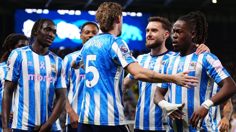 Coventry celebrate Rudoni's opener that set them on their way to their first home win of the season