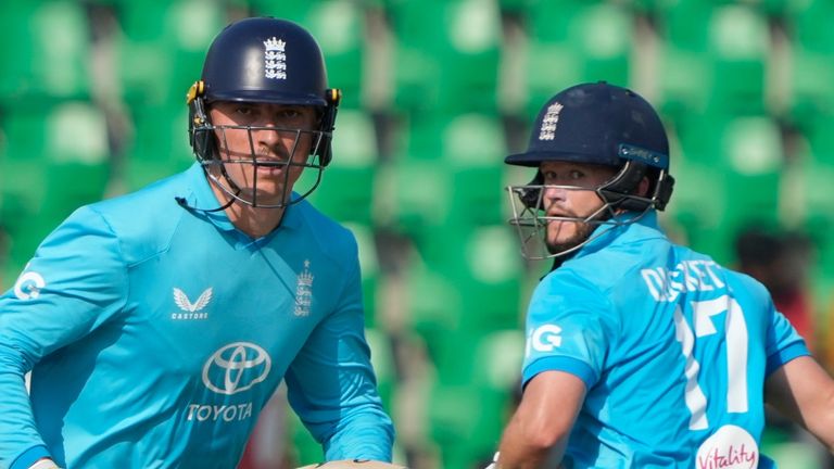 England's Tom Banton, left, and Ben Duckett run between the wickets during the tri-series ODI between Sri Lanka and England 