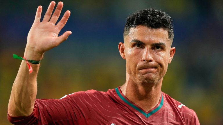 FILE - Portugal's Cristiano Ronaldo waves following the World Cup Group K soccer match between Colombia and Portugal in Miami Gardens, Fla., Saturday, June 27, 2026. (AP Photo/Rebecca Blackwell, file)