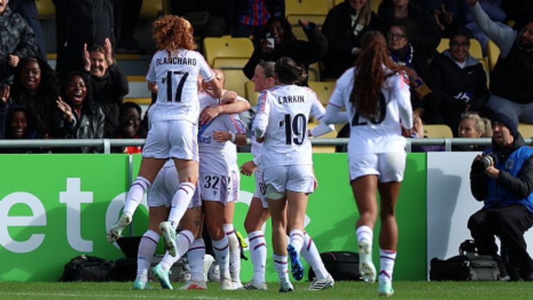 SUTTON, ENGLAND - OCTOBER 25: Molly Bartrip of Crystal Palace celebrates scoring her team?s first goal with teammates  during the Barclays Women's Super League 2026/27 match between Crystal Palace FC and Chelsea FC at VBS Community Stadium on October 25, 2026 in Sutton, England. (Photo by Sarah Ray-Gain/Getty Images)