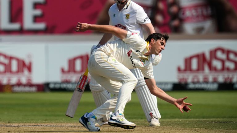 Australia captain Pat Cummins fields-off his own bowling 