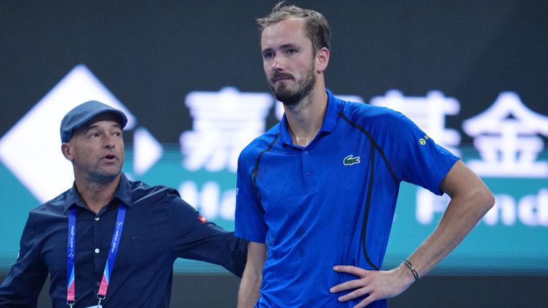 Daniil Medvedev, of Russia, looks on after being disqualified during a semi final match against Novak Djokovic, of Serbia at the China Open 