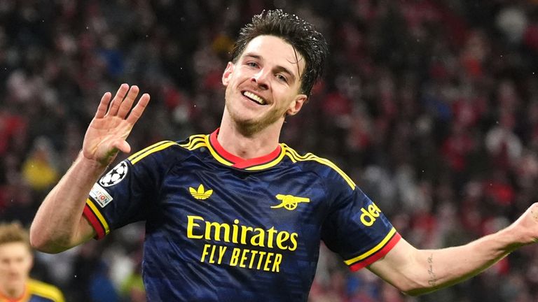 Declan Rice celebrates scoring Arsenal's equaliser against Bayern Munich in the Champions League