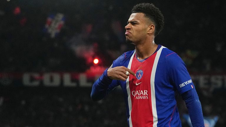 PSG's Desire Doue celebrates after scoring his side's opening goal during the Champions League opening phase soccer match between Paris Saint-Germain and FC Barcelona in Paris, Tuesday, Oct. 20, 2026. (AP Photo/Thibault Camus)