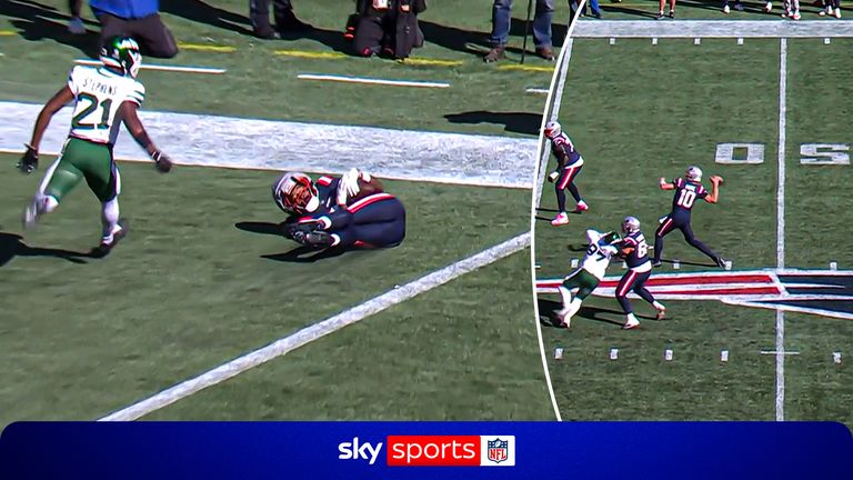 Drake Maye threw a 42-yard TD to wide receiver Romeo Doubs