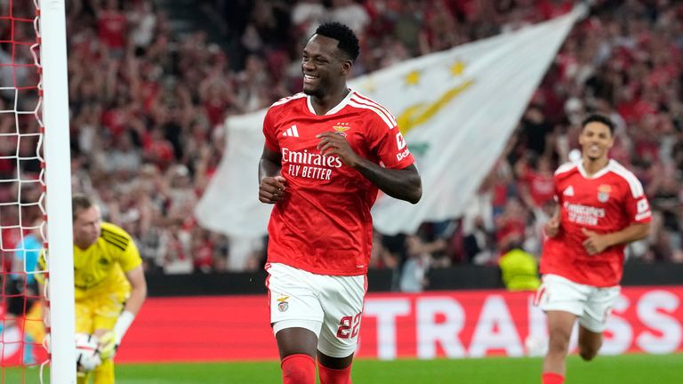 Benfica's Jhon Duran celebrates after scoring a penalty against Celtic