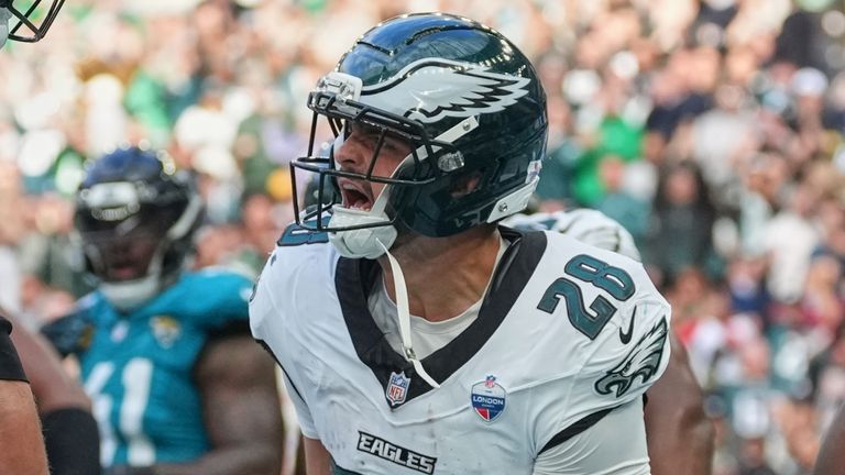 Philadelphia Eagles running back Will Shipley (28) celebrates scoring a touchdown during an NFL football game against Jacksonville Jaguars in London, Sunday, Oct. 11, 2026. (AP Photo/Alastair Grant)