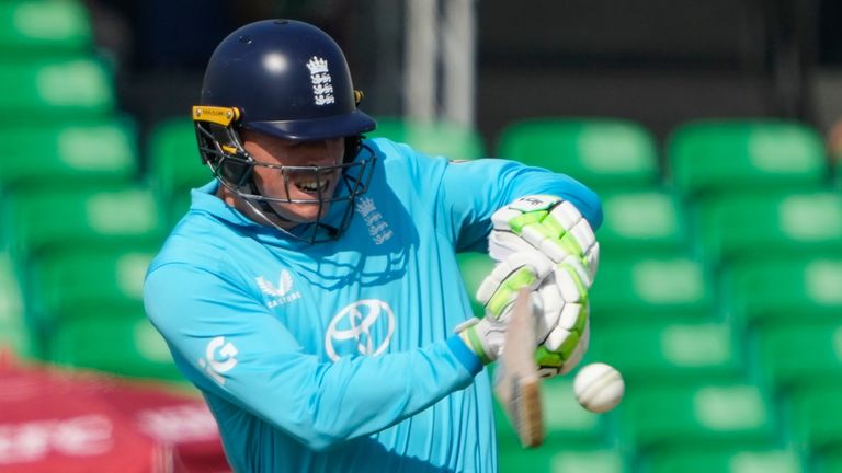 England's Tom Banton bats during the tri-series one-day international cricket match between Sri Lanka and England, in Lahore, Pakistan, Thursday, Oct. 29, 2026. (AP Photo/K.M. Chaudary)