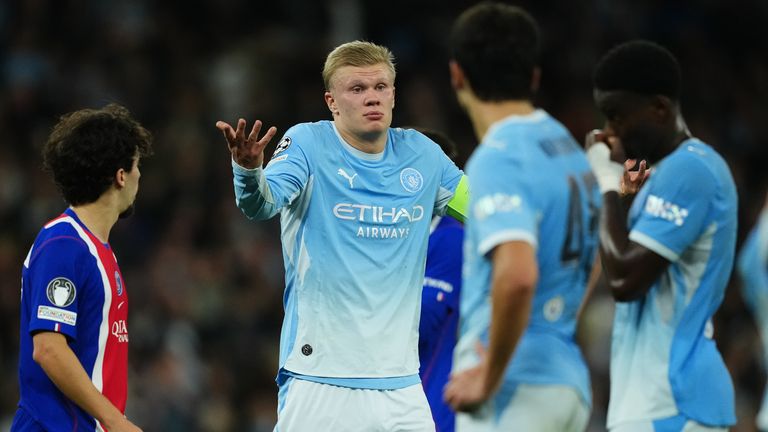 Erling Haaland shows his frustration after Man City concede a fourth at home to PSG