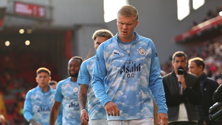 Erling Haaland and his Manchester City team mates walk out to warm up