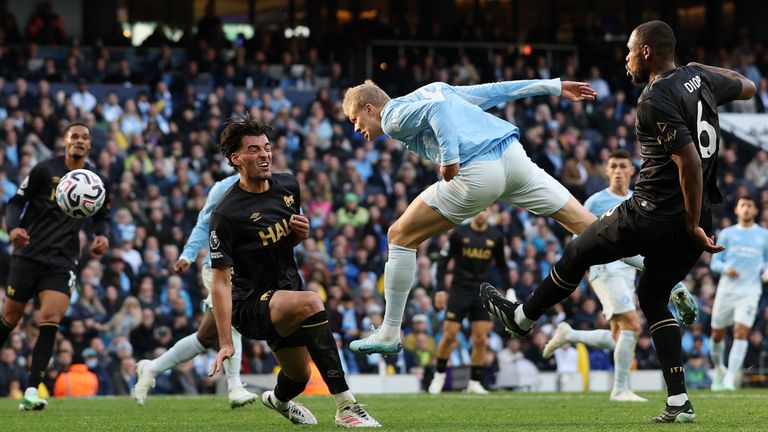 Erling Haaland heads Man City into a 2-1 lead against Ipswich