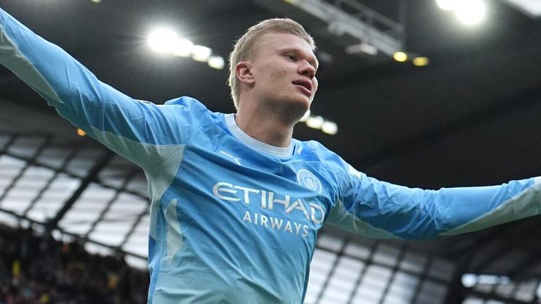 Erling Haaland celebrates after extending Man City's lead against Ipswich