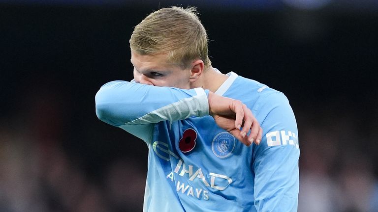 Erling Haaland shows frustration during Man City's Premier League clash with Brighton