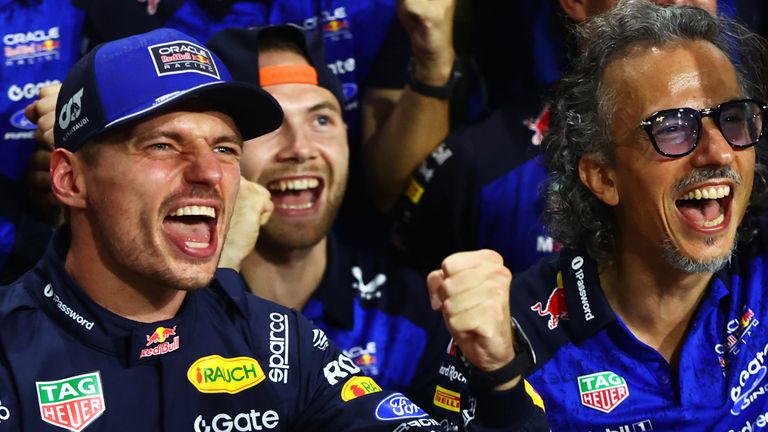 Max Verstappen and Laurent Mekies celebrate after winning in Malaysia (Red Bull Content Pool)