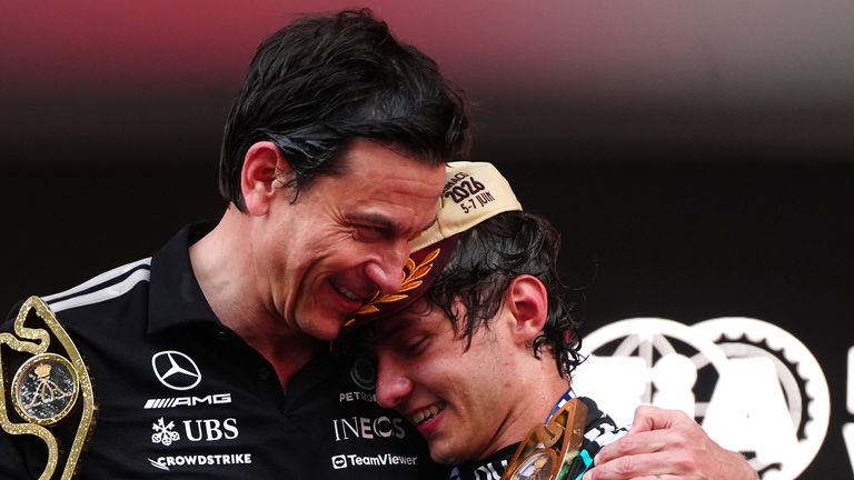 Toto Wolff and Kimi Antonelli on the podium at the 2026 Monaco Grand Prix earlier this year