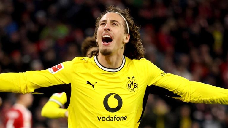 Fabio Silva celebrates after scoring a late equaliser for Borussia Dortmund at Bayern Munich