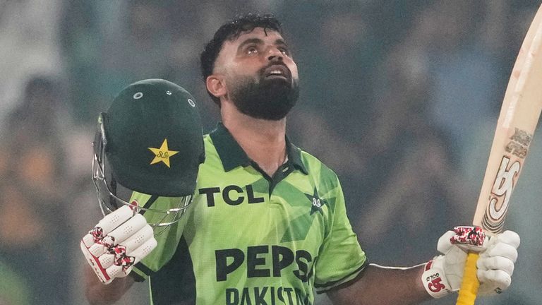 Pakistan's Fakhar Zaman celebrates after scoring a century during the final of tri-series one-day international cricket 
