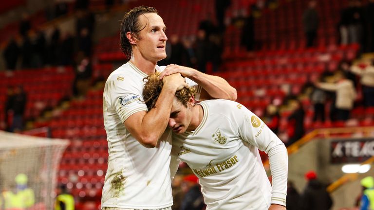 Falkirk's Liam Henderson and Ben Krauhaus celebrate at full time