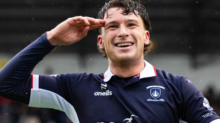 FALKIRK, SCOTLAND - OCTOBER 24: Falkirk's Jacob Murrell celebrates after Kilmarnock's Cathal McCarthy's own goal made it 1-0 during a William Hill Premiership match between Falkirk and Kilmarnock at the Falkirk Stadium, on October 24, 2026, in Falkirk, Scotland. (Photo by Ross Parker / SNS Group)
