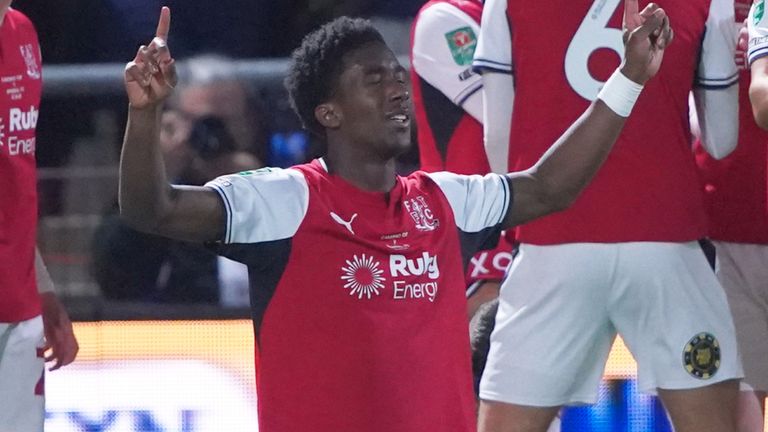 Fleetwood's Aaron Loupalo Bi, second from left, celebrates after scoring his side's opening goal vs Arsenal in the Cup on October 27