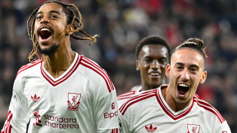 Liverpool's Bradley Barcola, left, celebrates after scoring against LASK