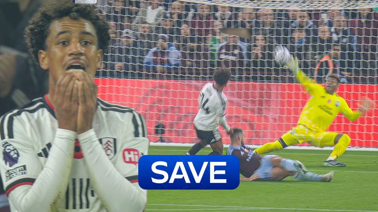 Aston Villa stopper Zion Suzuki makes a superb save as Oscar Bobb takes a shot for Fulham 10 yards out 