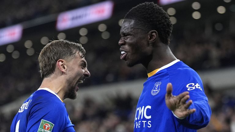 Thierno Barry (right) celebrates scoring Everton's third goal against Newcastle with team-mate Kiernan Dewsbury-Hall 