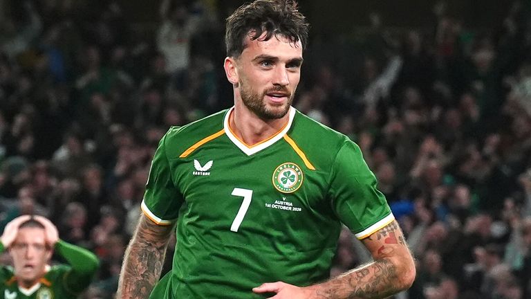 Troy Parrott celebrates after scoring against Austria in the Nations League