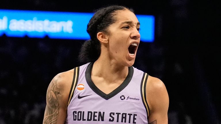 Golden State Valkyries forward Gabby Williams (1) celebrates during Game 4 of the WNBA basketball finals against the Atlanta Dream on Saturday, Oct. 24, 2026, in Atlanta. (AP Photo/Brynn Anderson)