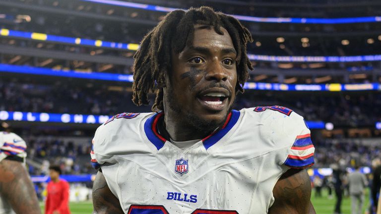 Buffalo Bills safety C.J. Gardner-Johnson (22) walks back to the locker room after an NFL football game against the Los Angeles Rams in Ingl