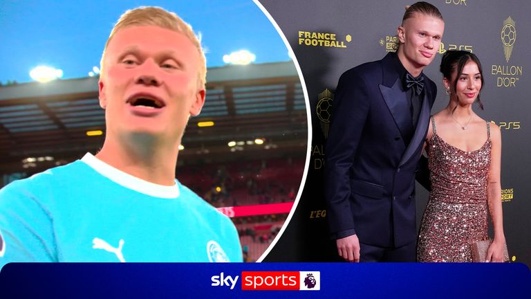 Erling Haaland jokes with a cameraman who follows him onto the pitch for a close-up after the final whistle, with the Manchester City striker quipping: "I see you more than I see my missus!"