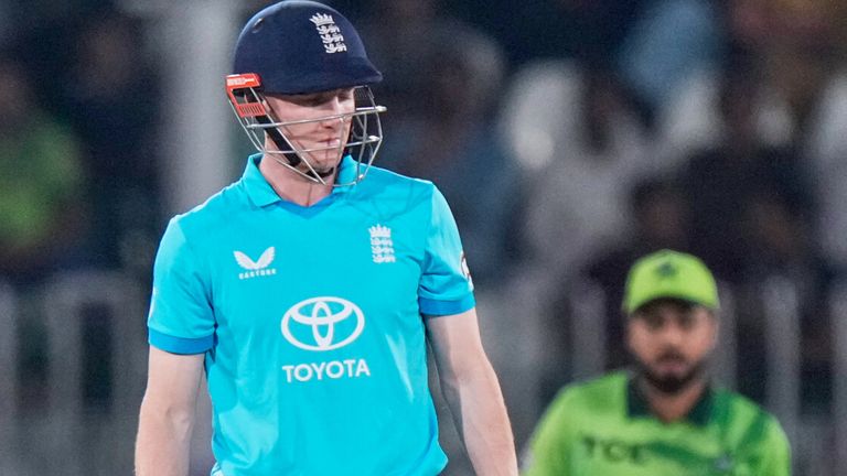 England's Harry Brook reacts after a dismissal in ODI cricket (Associated Press)