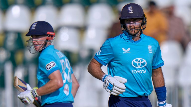 England's Joe Root, right, and Harry Brook run between the wickets during the tri-series one-day international cricket match between Sri Lanka and England, in Rawalpindi, Pakistan, Thursday, Oct. 22, 2026. (AP Photo/Anjum Naveed)