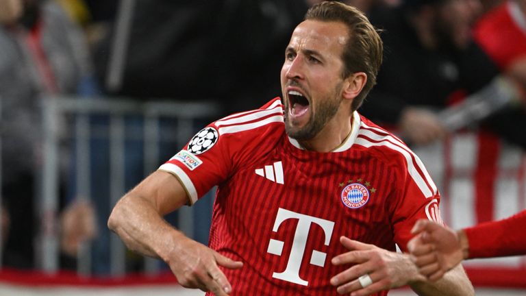 Harry Kane celebrates putting Bayern Munich 2-1 up against Arsenal in the Champions League