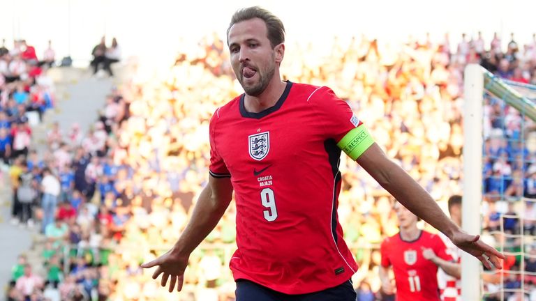 Harry Kane celebrates scoring for England against Croatia in the Nations League