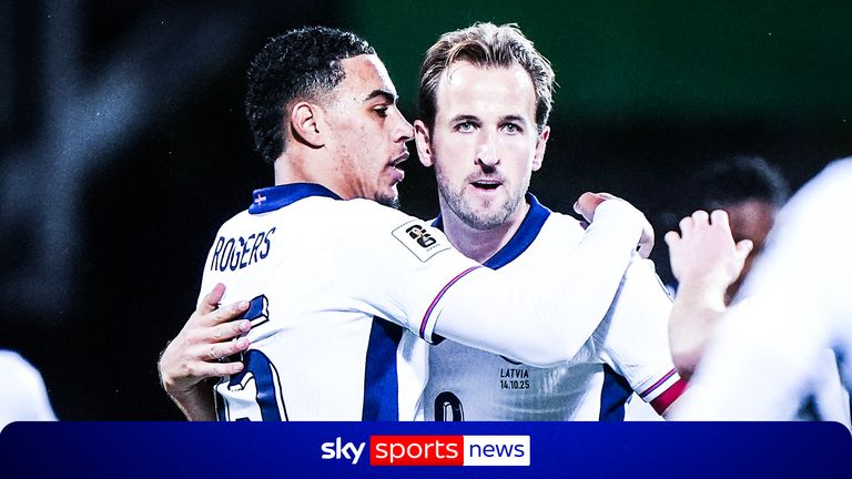 England's Harry Kane celebrates scoring their side's second goal of the game with team-mate Morgan Rogers