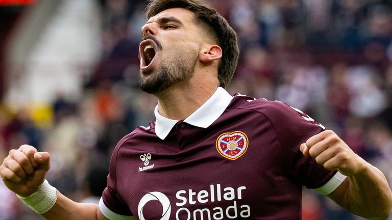 EDINBURGH, SCOTLAND - OCTOBER 10: Hearts' Claudio Braga celebrates scoring to make it 4-0 during a William Hill Premiership match between Heart of Midlothian and St Mirren at Tynecastle Park, on October 10, 2026, in Edinburgh, Scotland.  (Photo by Paul Devlin / SNS Group)